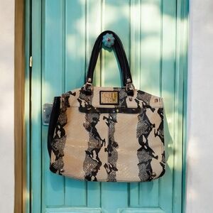 Carolina Herrera Black and White Snakeskin Patterned CH Tote Shoulder Bag